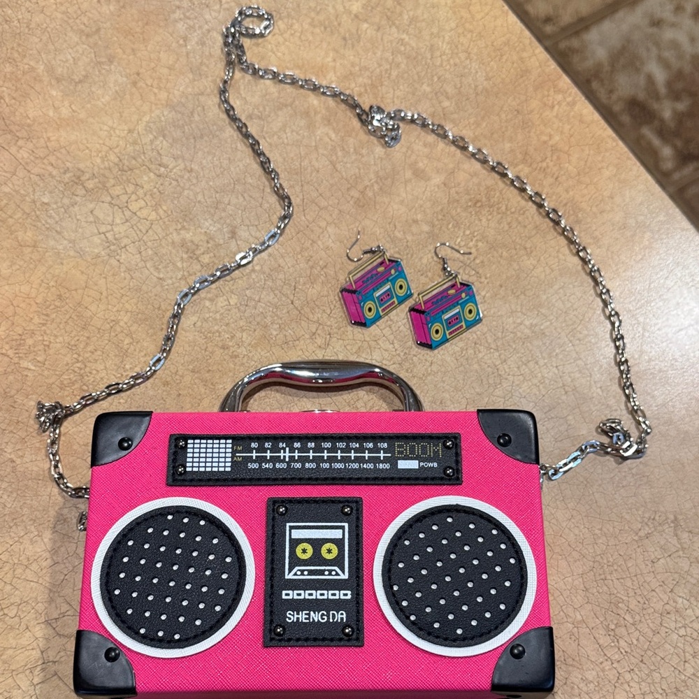 Pink Portable Boombox Speaker crossbody purse with Boom Box earrings